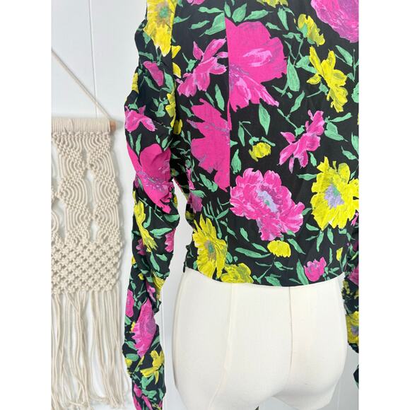 Zara Black Floral Long Sleeve Crop Top Womens Medium Sweetheart Babydoll - Picture 11 of 12